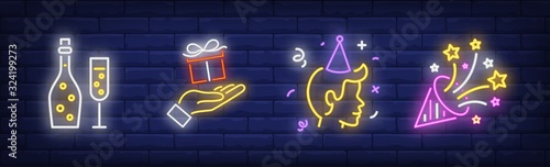 Christmas celebration neon sign set with fizzy wine, firework and confetti. Vector illustration in neon style, bright billboard for topics like winter holidays, New Year party, festive event