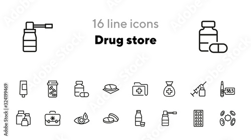 Drug store line icon set. Pills, syringe, eye drops. Medicine concept. Can be used for topics like medication, pharmacy, treatment