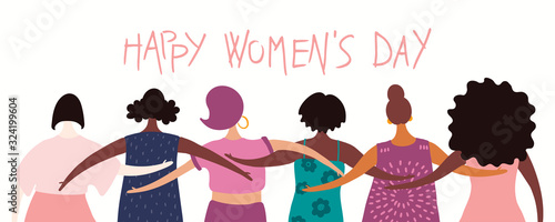 Foto Hand drawn vector illustration of diverse modern girls together from the back, with quote Happy womens day