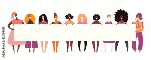 Hand drawn vector illustration of diverse girls holding a banner. Isolated people on white. Flat style design. Concept, element for feminism, womens day card, poster, banner. Female cartoon characters photo