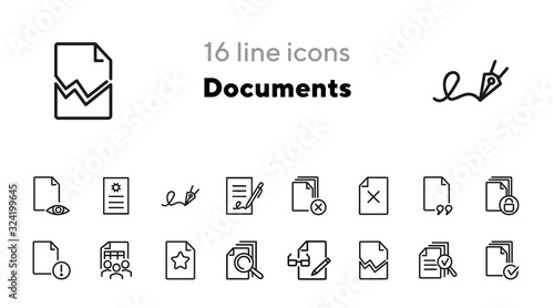 Documents line icon set. File, print, torn, lock, signature. Paperwork concept. Can be used for topics like agreement, business, approved document