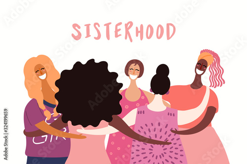 Hand drawn vector illustration of diverse beautiful modern girls together on white. Flat style design. Concept, element for feminism, womens day card, poster, banner. Female cartoon characters.