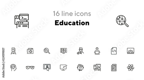 Education line icon set. Set of line icons on white background. Notebook, internet, studying. Self-education concept. Vector illustration can be used for topics like technology, devices, modern life