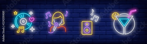 Karaoke bar neon signs set. Music, woman singing with microphone, cocktail. Vector illustration in neon style, bright banner for topics like party, club, entertainment