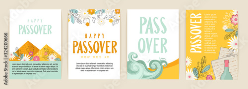 Passover greeting car set. Seder pesach invitation, greeting card template or holiday flyer. happy Passover in English and Hebrew.
