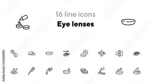 Eye lenses line icon set. Contact lens, container, eye drop. Vision concept. Can be used for topics like eyesight, sight, healthcare