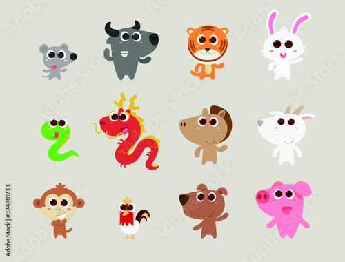 Zodiac animals are cute flat cartoon style standing and smile.