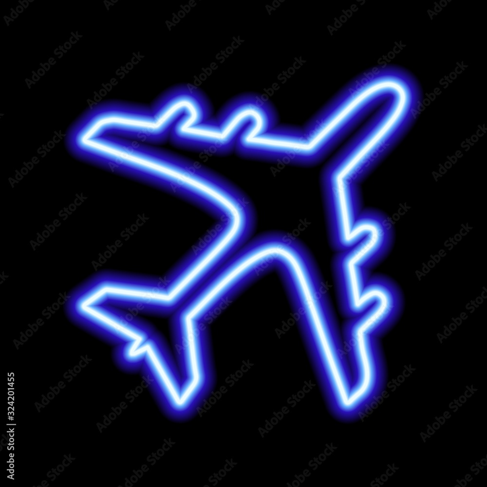 Blue neon sign of airplane on black background Blue neon sign of airplane on black background