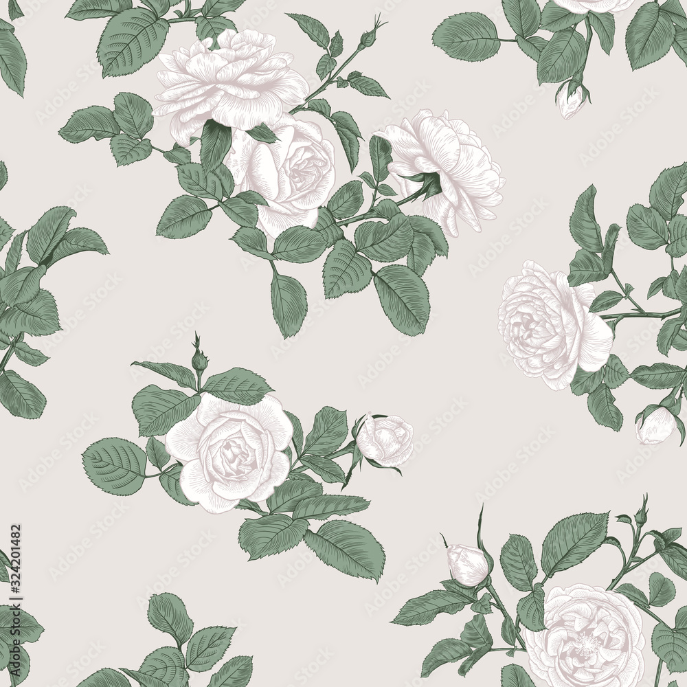 Seamless pattern with bouquets of roses.Vintage floral vector illustration.  Pastel colors. Green and white.