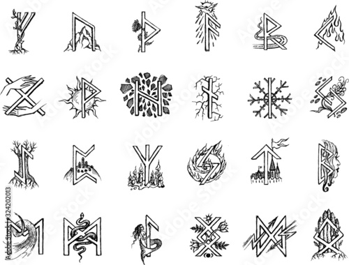 set of runes decorated with explanatory drawings photo