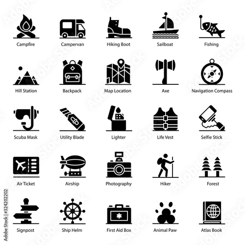 Adventure Accessories Glyph Icons Pack 