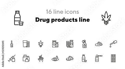 Drug products line icons. Set of line icons on white background. Aid, syringe, pills. Medicine concept. Can be used for topics like pharmacy, medicine, hospital
