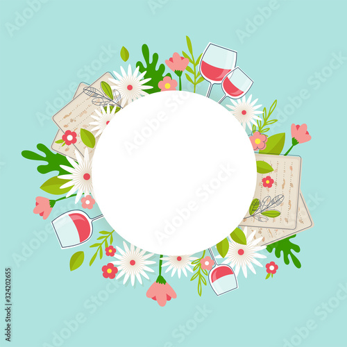 Pesah celebration concept , jewish Passover holiday. Greeting cards with traditional four wine glasses, Matza and spring flowers.