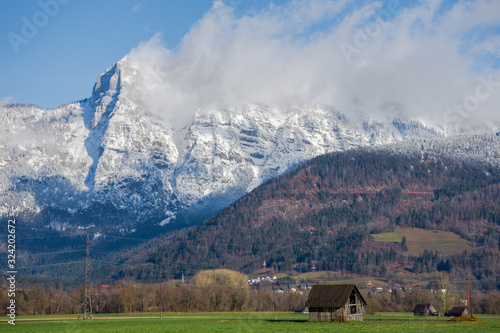 Winter landscape with beautiful high mountains in sunny day, in Styria region, Austria