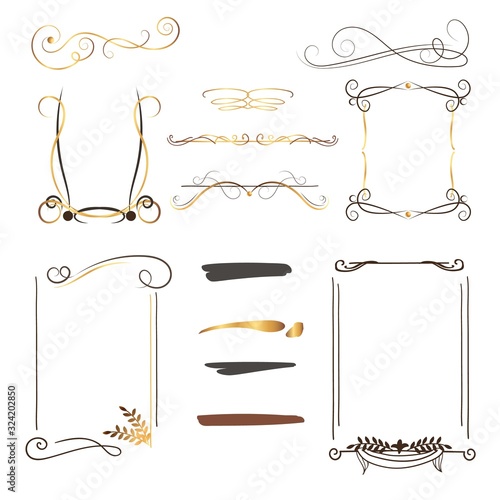 Set of hand draw borders made with brush and ink. Unique swirls and dividers