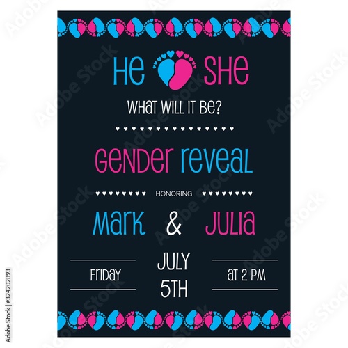 Gender reveal party invitation with baby feet and heart vector illustration