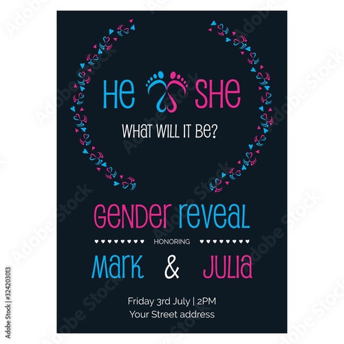 Gender reveal party invitation with baby feet and heart vector illustration