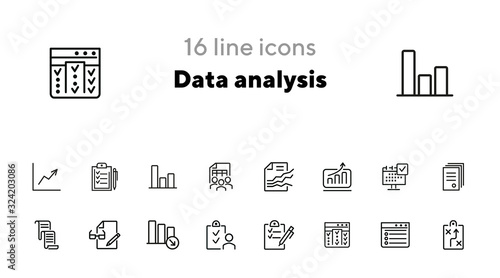 Data analysis icons. Set of line icons on white background. Data, analytics, report. Work concept. Vector illustration can be used for topics like management, project, office