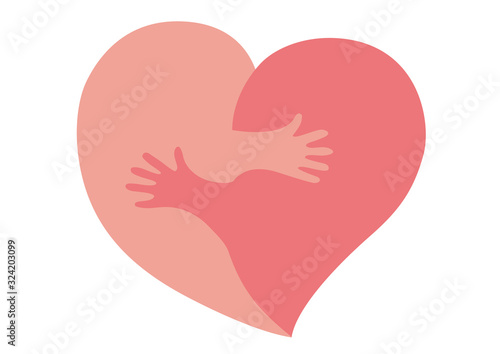 Two halves of a heart hug each other with hands