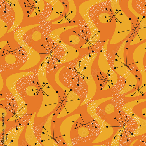 Vivid orange liquid geometric atomic style seamless pattern