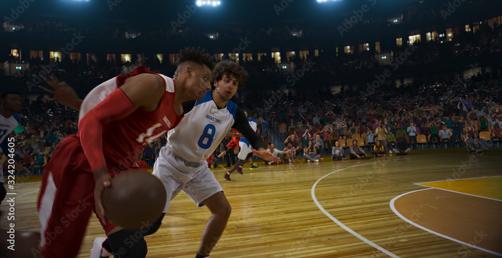 Fototapeta premium Basketball players on big professional arena during the game. Tense moment of the game. 