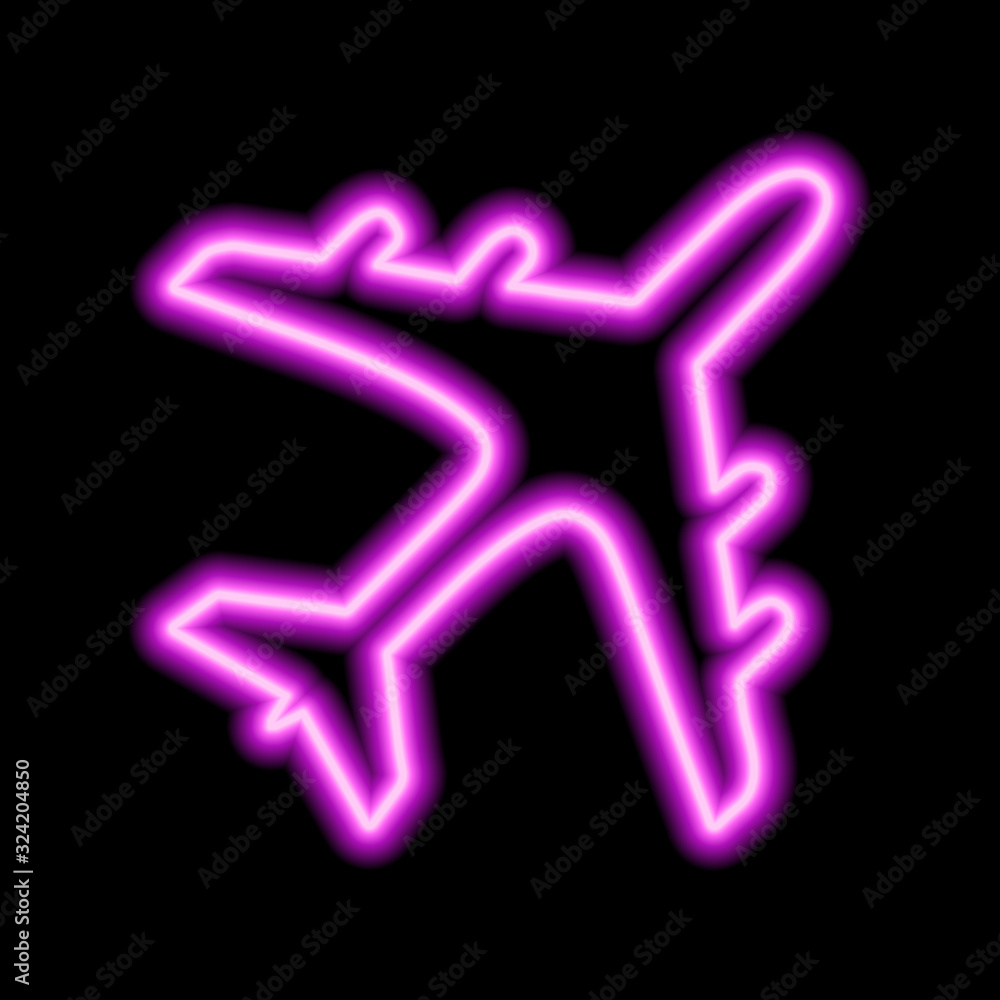 Pink neon sign of airplane on black background. Vector illustration