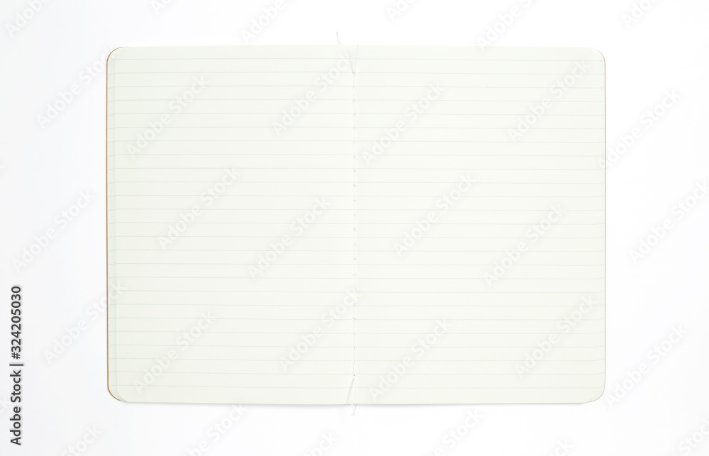 Top view of open stitch blank recycled paper cover notebook on white background. Top view of open stitch blank recycled paper cover notebook on white background.