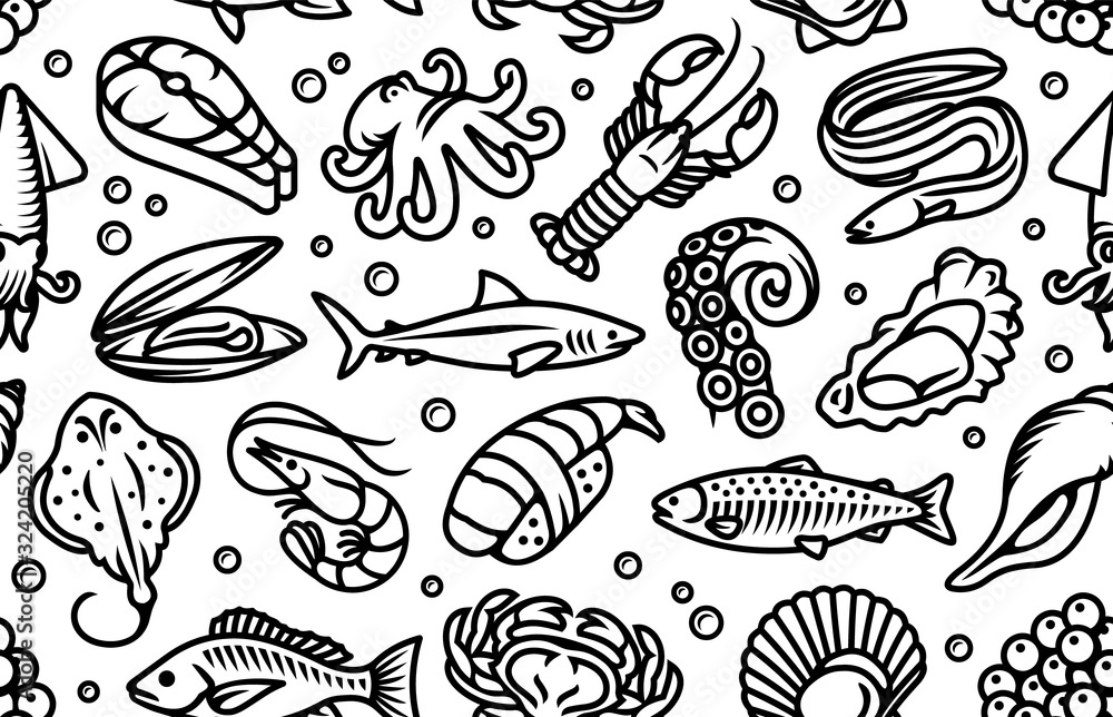 Obraz premium Seafood, fish and sea animals black seamless vector pattern wallpaper