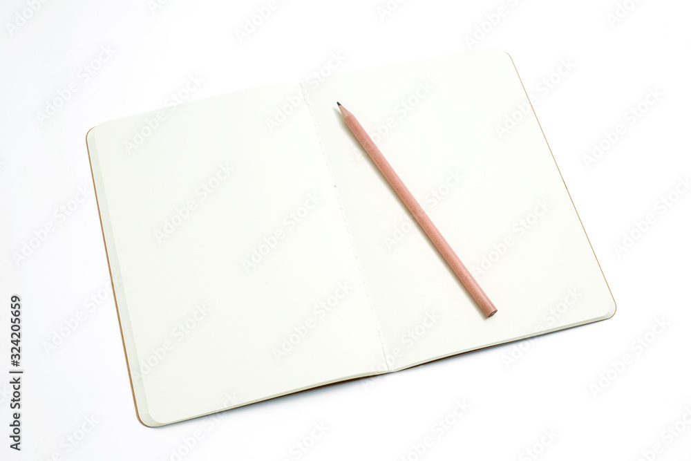 Top view of open stitch blank recycled paper cover notebook with pencil on white background. Top view of open stitch blank recycled paper cover notebook with pencil on white background.