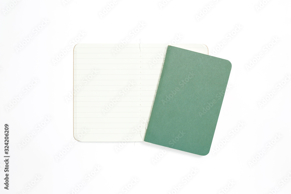 Top view of open stitch blank recycled paper cover notebook on white background. Top view of open stitch blank recycled paper cover notebook on white background.