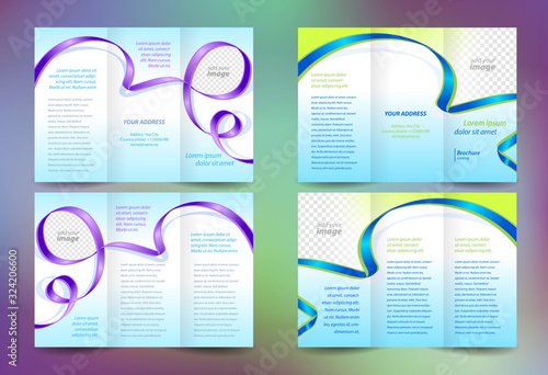 Set Brochure design template ribbon element band wave color violet and green  lines blue background, block for images