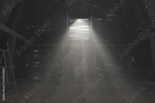 3d rendering of darken empty attic with light rays through holes in the roof
