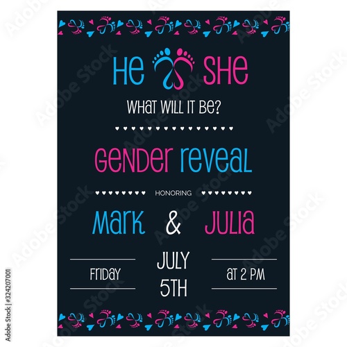 Gender reveal party invitation with baby feet and heart vector illustration