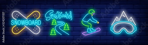 Snowboarding neon signs set. Board, slope, resort, mountain. Vector illustration in neon style, bright banner for topics like winter activity, sport, lifestyle