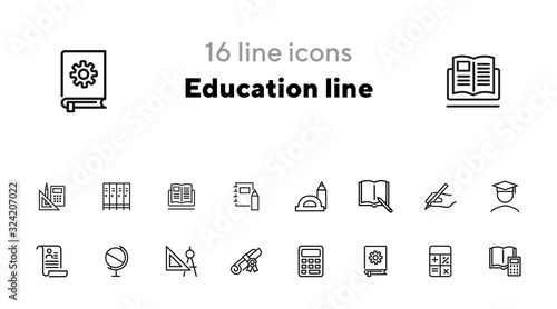 Education line icons. Set of line icons on white background. Studying concept. Globus, calculator, book. Vector illustration can be used for topics like high school, science, college