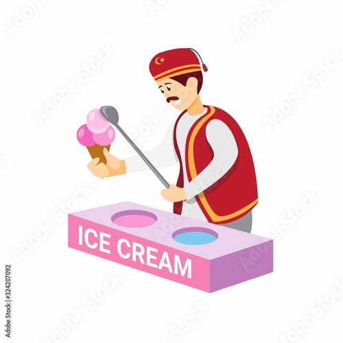 Turkish ice cream, man selling traditional ice cream from turkey in cartoon flat illustration vector isolated in white background
