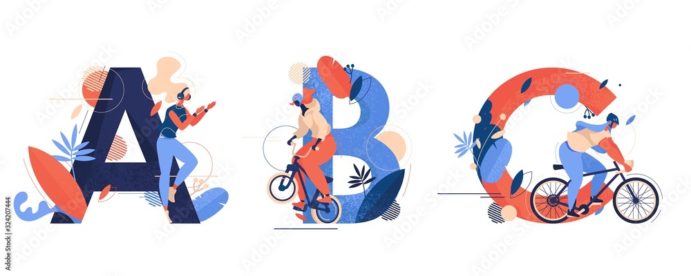 Abc letters sequence decorated with texture, leaves and sport women. A for aerobics, B for bmx riding, C for bicycle cycling. Isolated on white characters and creative lettering concept