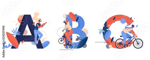 Abc letters sequence decorated with texture, leaves and sport women. A for aerobics, B for bmx riding, C for bicycle cycling. Isolated on white characters and creative lettering concept