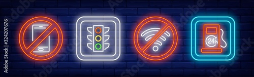 Road and prohibition neon signs set. Traffic light, petrol station, no smartphones. Vector illustration in neon style, bright banner for topics like transport, guidance, public space