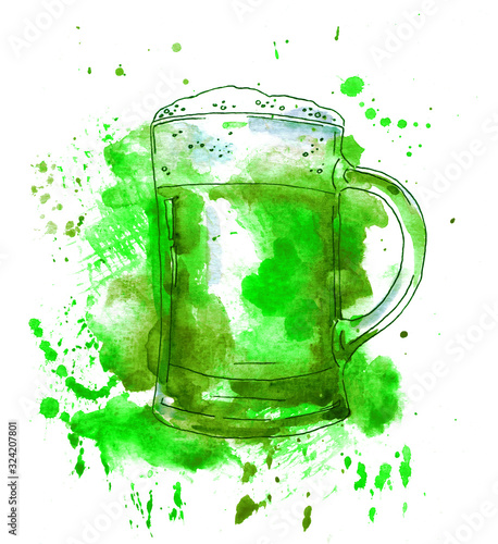 Beer mug with green beer for Saint Patrick day. Watercolor with splashing, drops
