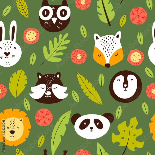 Seamless pattern with forest dwellers. Scandinavian style flat illustration. Perfect for children's textiles.