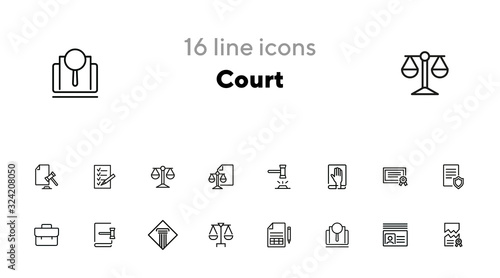 Court line icon set. Gavel, oath, scale. Law concept. Can be used for topics like courthouse, trial, crime