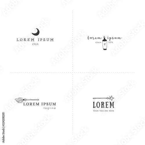 Magic and fairy tales theme. Set of vector logo templates with hand drawn elements.