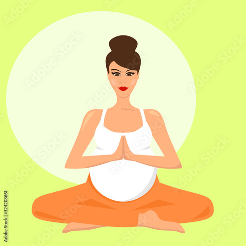 Illustration of a pregnant yoga woman with hands in namaste gesture