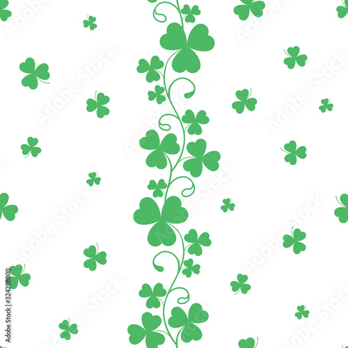 Pattern with green clover isolated in white background. Seamless pattern. Vector illustration.