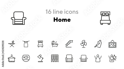 Home line icon set. Set of line icons on white background. Desk lamp, cupboard, hanger, aquarium. Home sweet home concept. Vector illustration for topics like interior, furniture, household appliances
