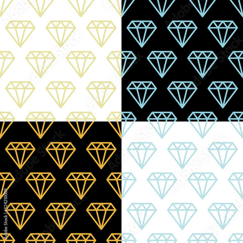 Simple diamonds silver and golden, on black and white wire framed diamond crystals seamless patterns set, vector