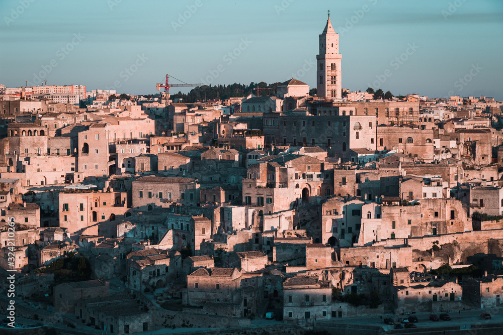 View of the Sassi of Matera from the Belvedere of Murgia Timone, at the dawn of a day in August