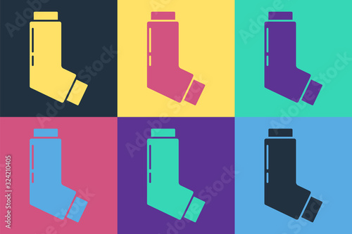 Pop art Inhaler icon isolated on color background. Breather for cough relief, inhalation, allergic patient. Medical allergy asthma inhaler spray. Vector Illustration