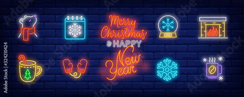 Winter time neon sign set with fireplace, hot coffee, calendar, mitten, bear in scarf. Vector illustration in neon style, bright billboard for topics like vacation, December holiday, leisure